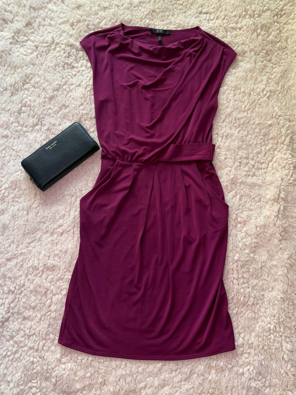 BCBG Paris Draped Cowl Neck Pocket Dress Plum Purple Size S